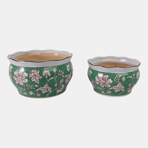 22235-02#S/2 10/12" Chinoiserie Vines Planters, Green