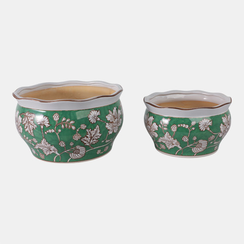 22235-02#S/2 10/12" Chinoiserie Vines Planters, Green
