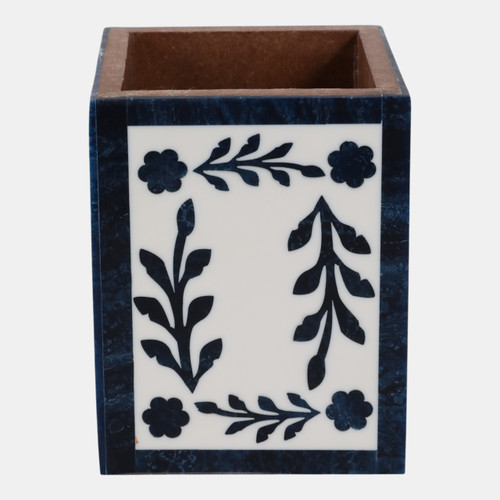 22262#4x3" Blue Petals Resin Pencil Cup, Blue/white