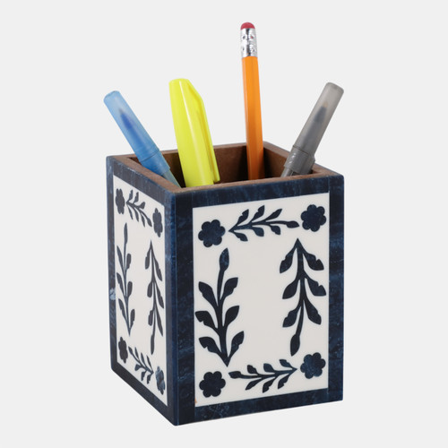 22262#4x3" Blue Petals Resin Pencil Cup, Blue/white