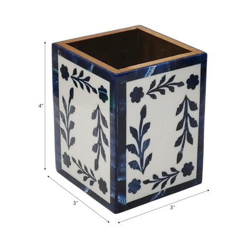 22262#4x3" Blue Petals Resin Pencil Cup, Blue/white