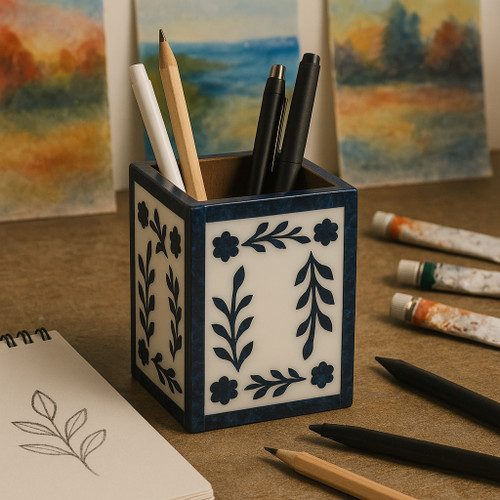 22262#4x3" Blue Petals Resin Pencil Cup, Blue/white