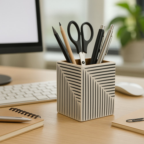 22264#4x3" Ridged Lines Resin Pencil Cup, Black/white