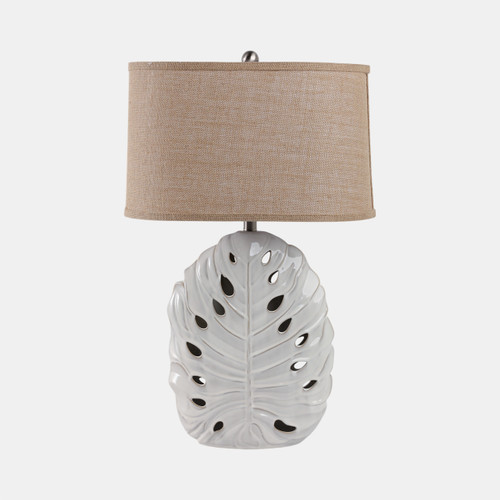 51345#29x18" Pierced Leaf On Ceramic Lamp, White