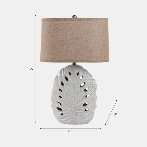 51345#29x18" Pierced Leaf On Ceramic Lamp, White
