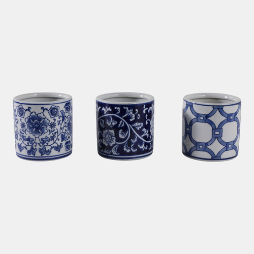 22299#S/3 4" Chinoiserie Pencil Cups, Blue/white