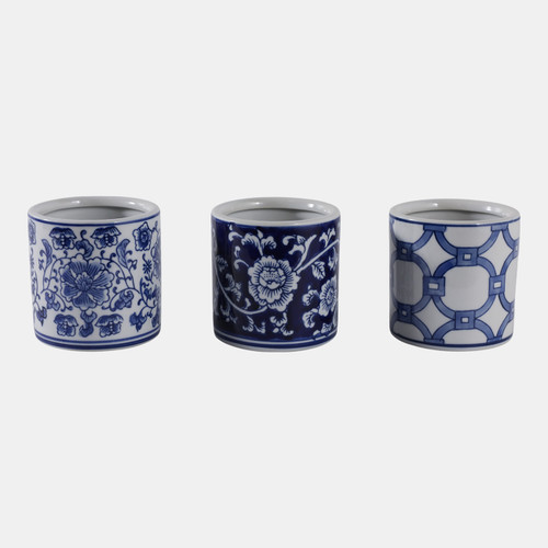 22299#S/3 4" Chinoiserie Pencil Cups, Blue/white