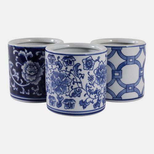 22299#S/3 4" Chinoiserie Pencil Cups, Blue/white