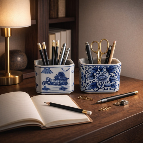 22301#S/2 5x4" Chinoiserie Pencil Cups, Blue/white