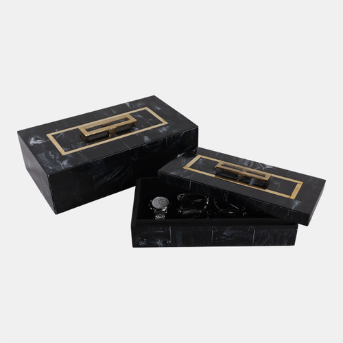 22321#S/2 12/14" Brass Inlay Boxes With Hardware, Black