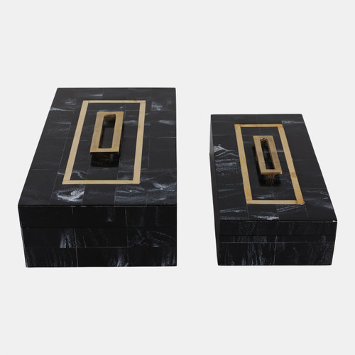 22321#S/2 12/14" Brass Inlay Boxes With Hardware, Black