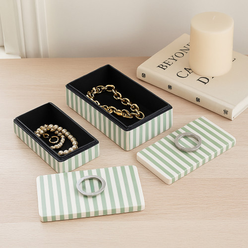 22322#S/2 12/14? Strpd Resin Boxes W/ Hardware, Grn/ivry