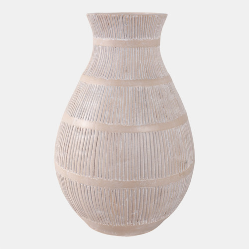 18760-03#Terracotta, 19" Organic Vase With Lines, Ivory