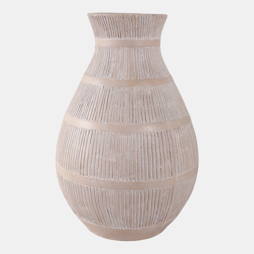 18760-03#Terracotta, 19" Organic Vase With Lines, Ivory