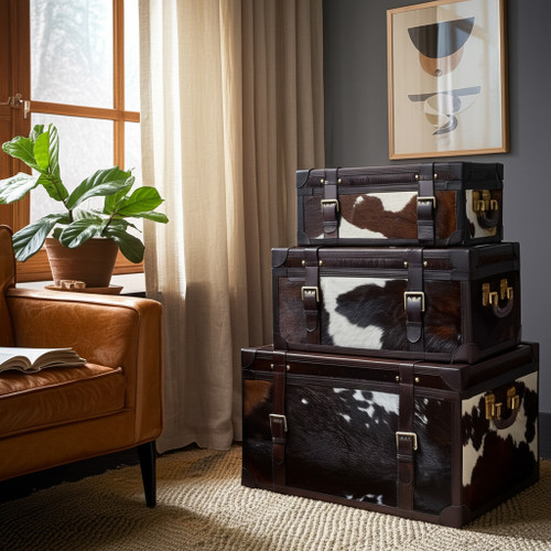 22391#S/3 19/23/27" Hair On Hide Cow Print Trunks, Multi