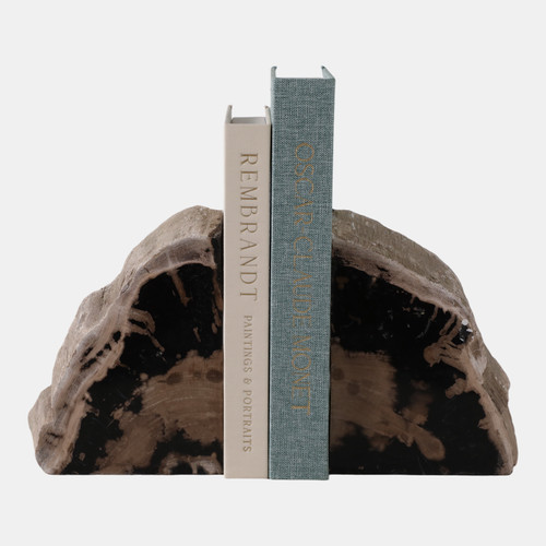 22415#S/2 7" Petrified Wood Bookends, Black/tan