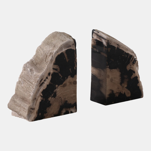 22415#S/2 7" Petrified Wood Bookends, Black/tan