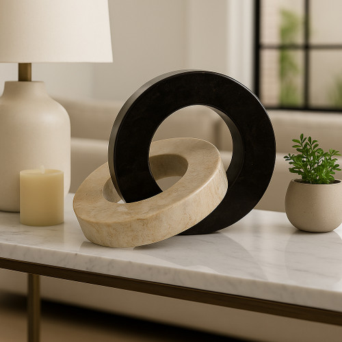 22437#10x7" 2 Round Marble Links, Ivory/black