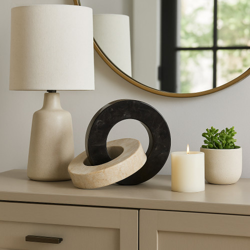 22437#10x7" 2 Round Marble Links, Ivory/black