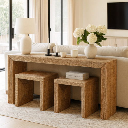 22448#S/3 55" Woven Console W/ 2 19" Side Tables, Natura