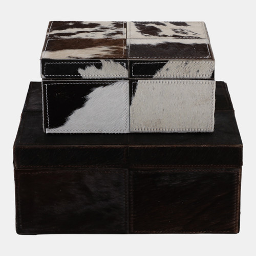 22479-02#S/2 9/12" Hair On Hide Patchwork Boxes, Ivory/brow