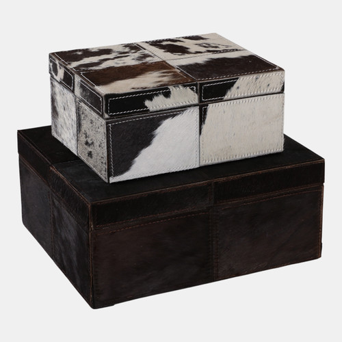 22479-02#S/2 9/12" Hair On Hide Patchwork Boxes, Ivory/brow