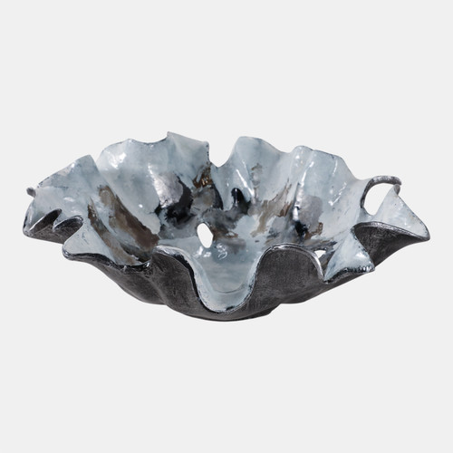 22508#16x15" Abstract Flower Metal Bowl, Blue Multi