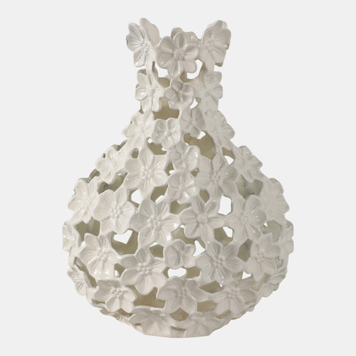 19070-03#15x11" Cut-out Flower Metal Vase, Ivory