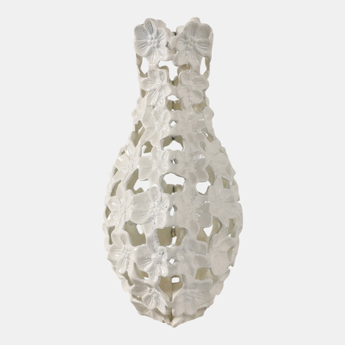 19070-03#15x11" Cut-out Flower Metal Vase, Ivory