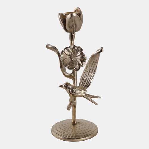 22487#10x5" Bird & Flower Taper Holder, Champagne