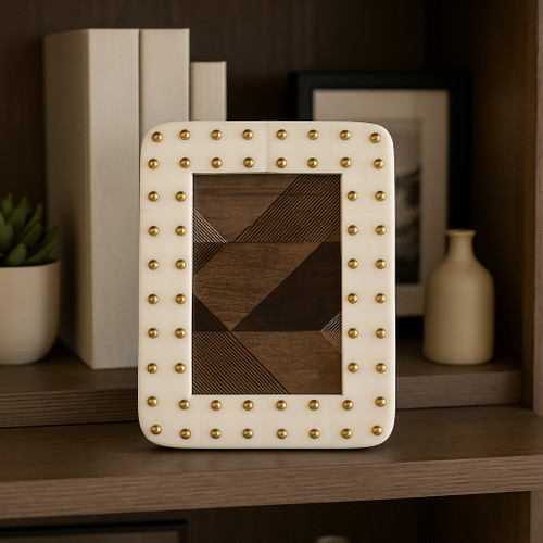 22495#4x6" Brass Dot Border Photo Frame, Ivory/ Gold