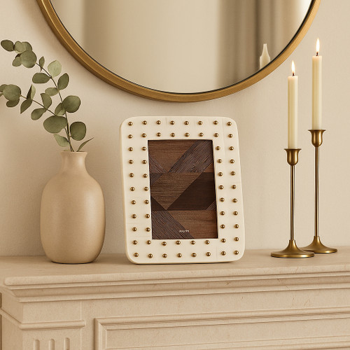 22495#4x6" Brass Dot Border Photo Frame, Ivory/ Gold