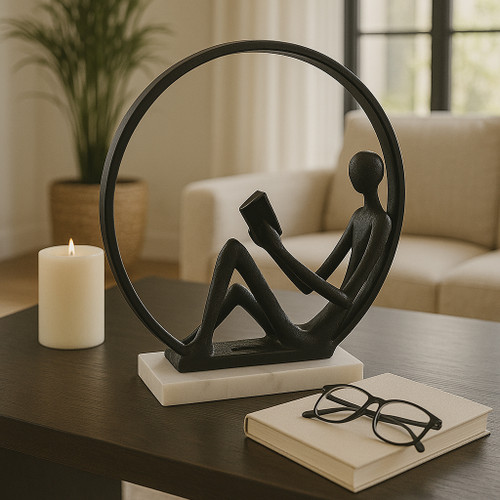 22504#11x10" Avid Reader On Marble Base, Black/white