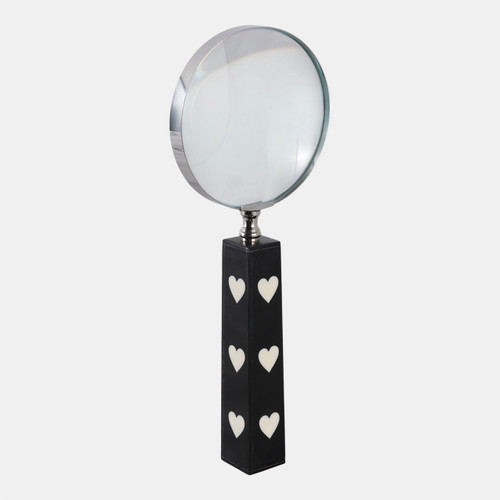 22521#10x4" Hearts Handle Magnifying Glass, Black/white