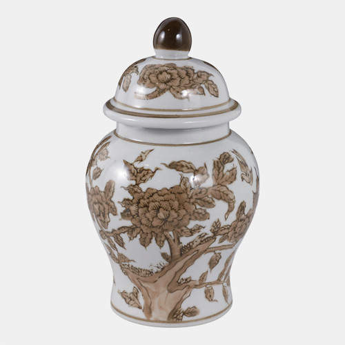 22527#8x5" Chinoiserie Begonia Temple Jar, Brown/white