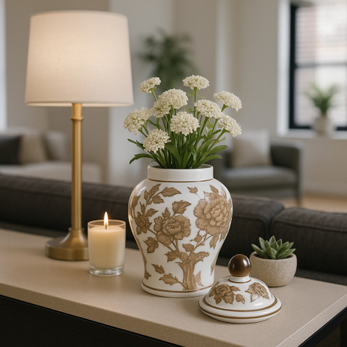 22527#8x5" Chinoiserie Begonia Temple Jar, Brown/white