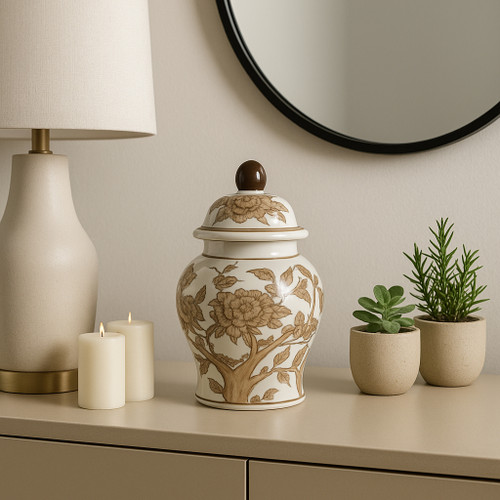 22527#8x5" Chinoiserie Begonia Temple Jar, Brown/white