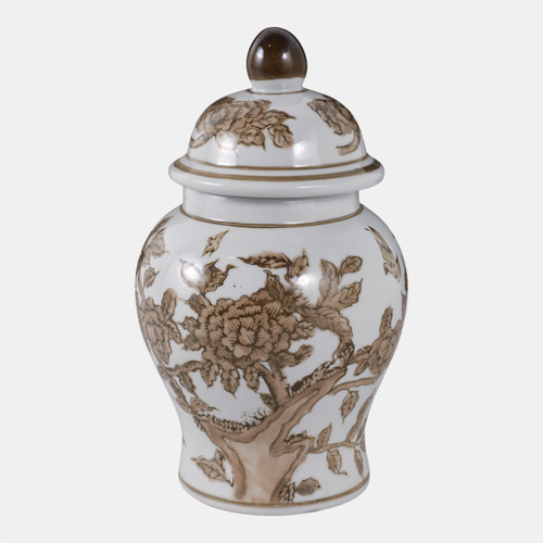 22527#8x5" Chinoiserie Begonia Temple Jar, Brown/white
