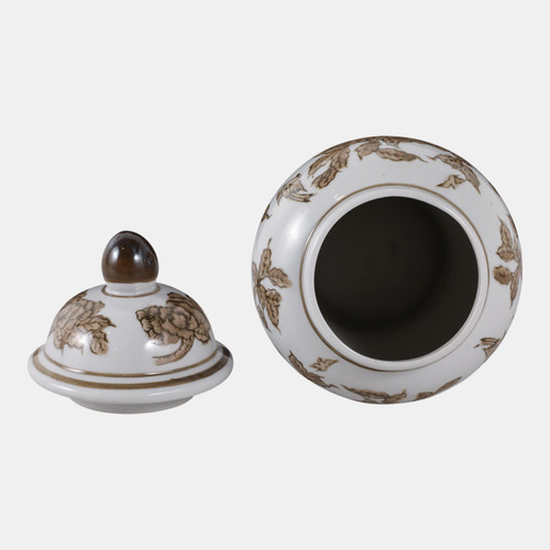 22527#8x5" Chinoiserie Begonia Temple Jar, Brown/white