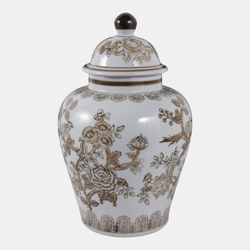 22528#12x7" Chinoiserie Bird & Vines Temple Jar,brwn/wht