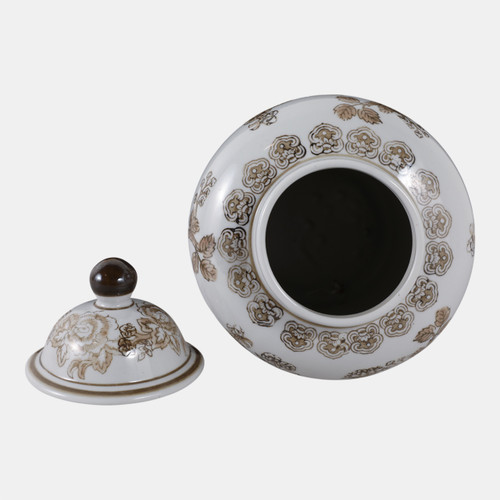 22528#12x7" Chinoiserie Bird & Vines Temple Jar,brwn/wht