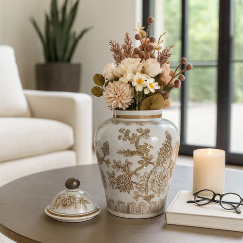 22528#12x7" Chinoiserie Bird & Vines Temple Jar,brwn/wht