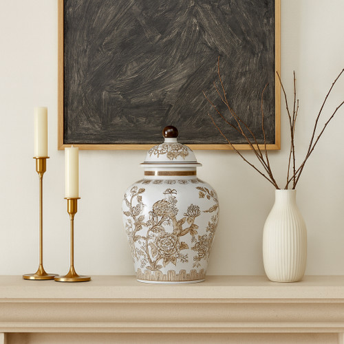 22528#12x7" Chinoiserie Bird & Vines Temple Jar,brwn/wht