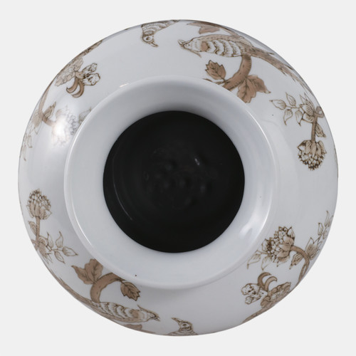 22529#10x8" Chinoiserie Bird & Vines Vase, Brown/ White
