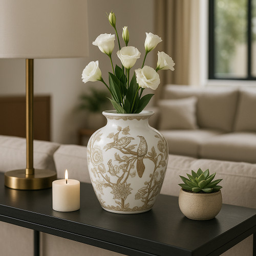 22529#10x8" Chinoiserie Bird & Vines Vase, Brown/ White