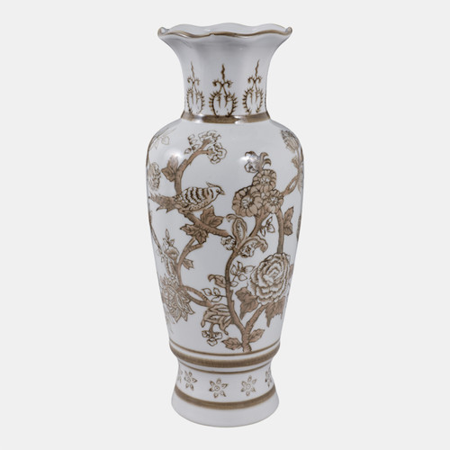 22530#12x5" Chinoiserie Bird & Vines Vase, Brown/white