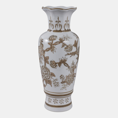 22530#12x5" Chinoiserie Bird & Vines Vase, Brown/white