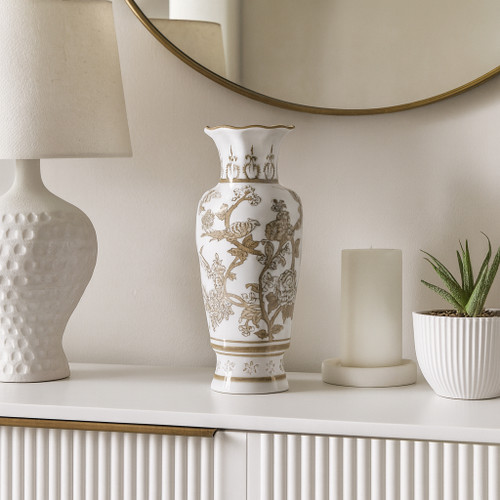 22530#12x5" Chinoiserie Bird & Vines Vase, Brown/white