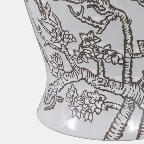 22531-01#14x7" Cherry Blossom Temple Jar, White/ Brown