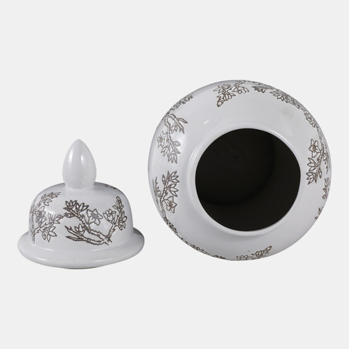 22531-01#14x7" Cherry Blossom Temple Jar, White/ Brown